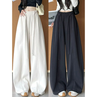 宽松百搭200斤直筒卫裤 美式 高腰阔腿裤 女秋冬胖mm大码 抽绳弯刀裤