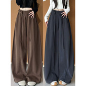 咖啡色弯刀运动裤 高腰宽松300斤胖mm垂感显瘦休闲裤 女秋冬季 大码