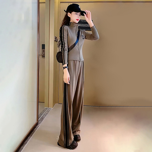 高级感时尚休闲装两件套女2023春秋直筒裤阔腿裤显腿长洋气套装