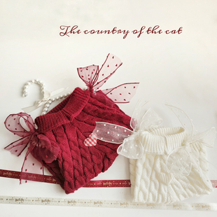 MOG 宠物超萌毛衣新年暖和猫咪英短秋冬衣服小型犬蝴蝶结手工制造