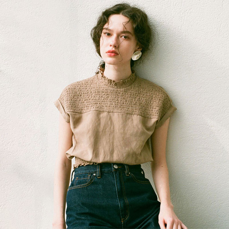 2024夏季新款CLANE松本惠奈款复古木耳边半高领圆领短袖上衣