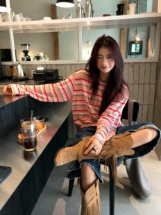 复古又明快的色彩 柔软舒适立体肌理感条纹宽松长袖上衣T