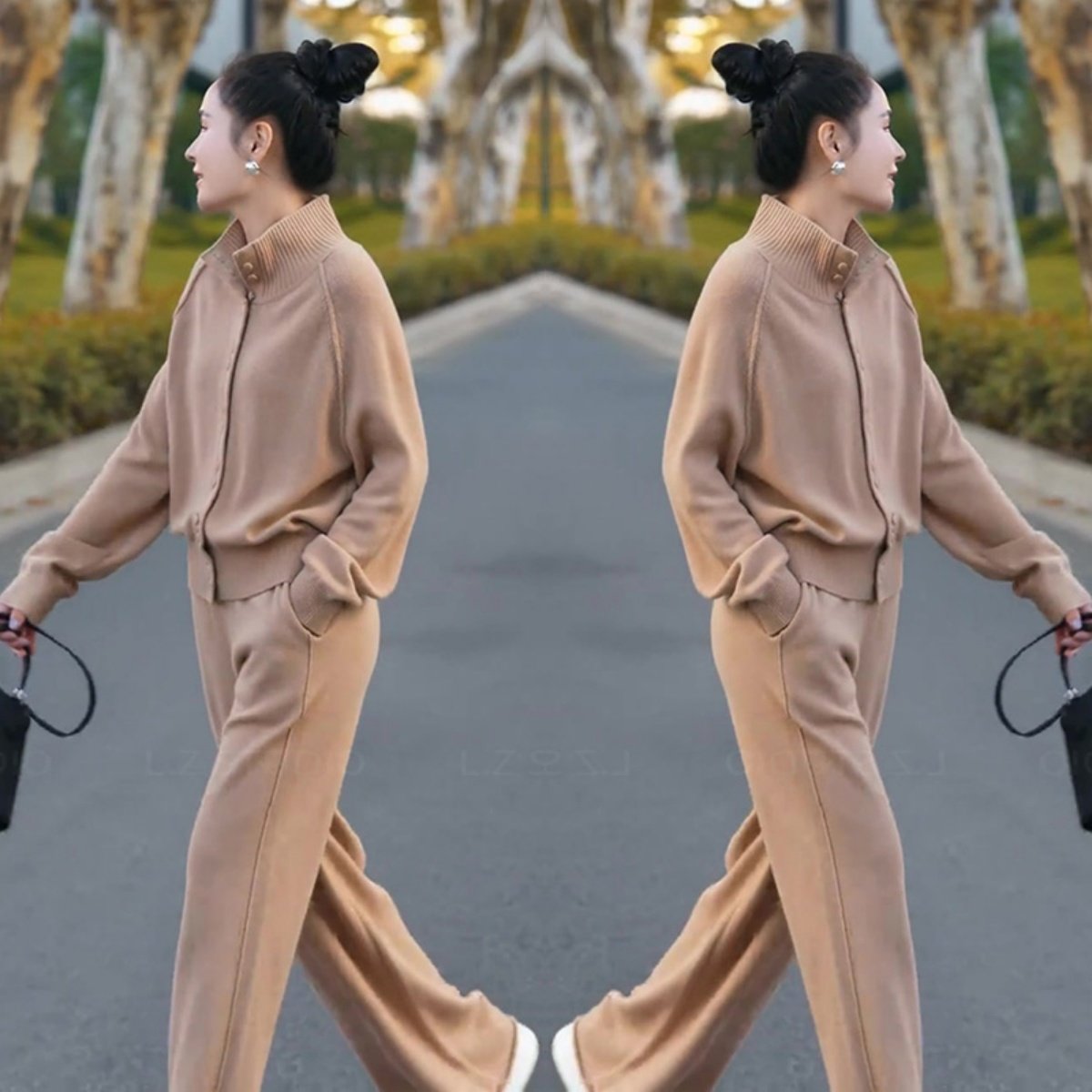 秋冬简约高级感老钱风微胖显瘦套装立领拉链毛衣阔腿裤两件套女装