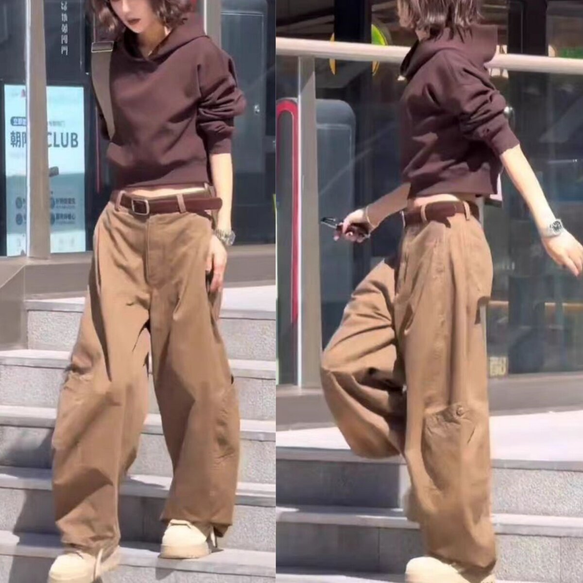 咖色连帽短款卫衣女款小个子又酷又飒的穿搭卡其色休闲阔腿裤套装