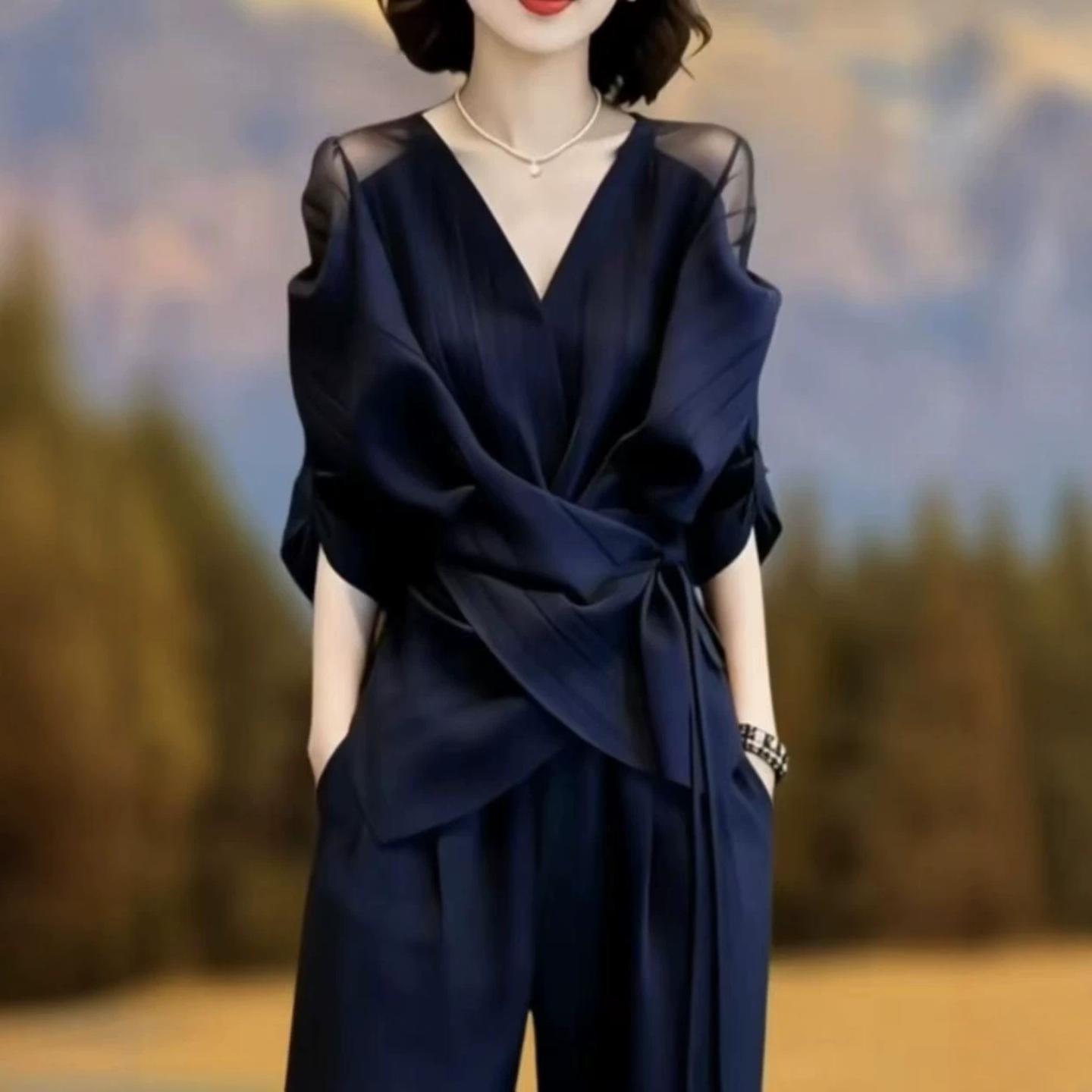 高腰阔腿裤显瘦减龄套装女