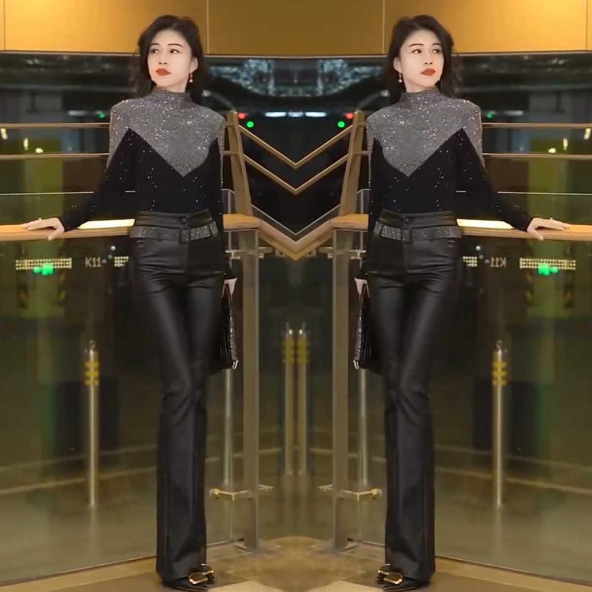 2025新款轻奢黑色亮片上衣PU皮裤女套装高腰显瘦气质修身时尚搭配