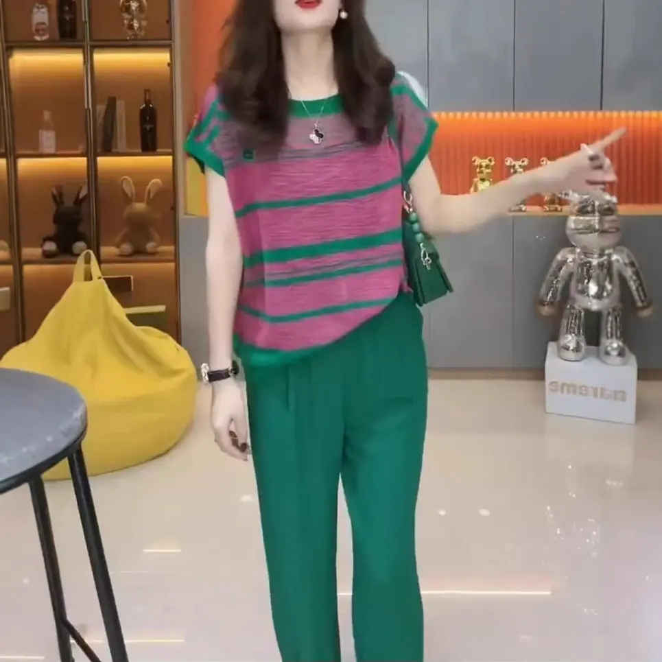 今年流行时尚休闲套装女夏小个子洋气减龄微胖显瘦T恤直筒裤两件