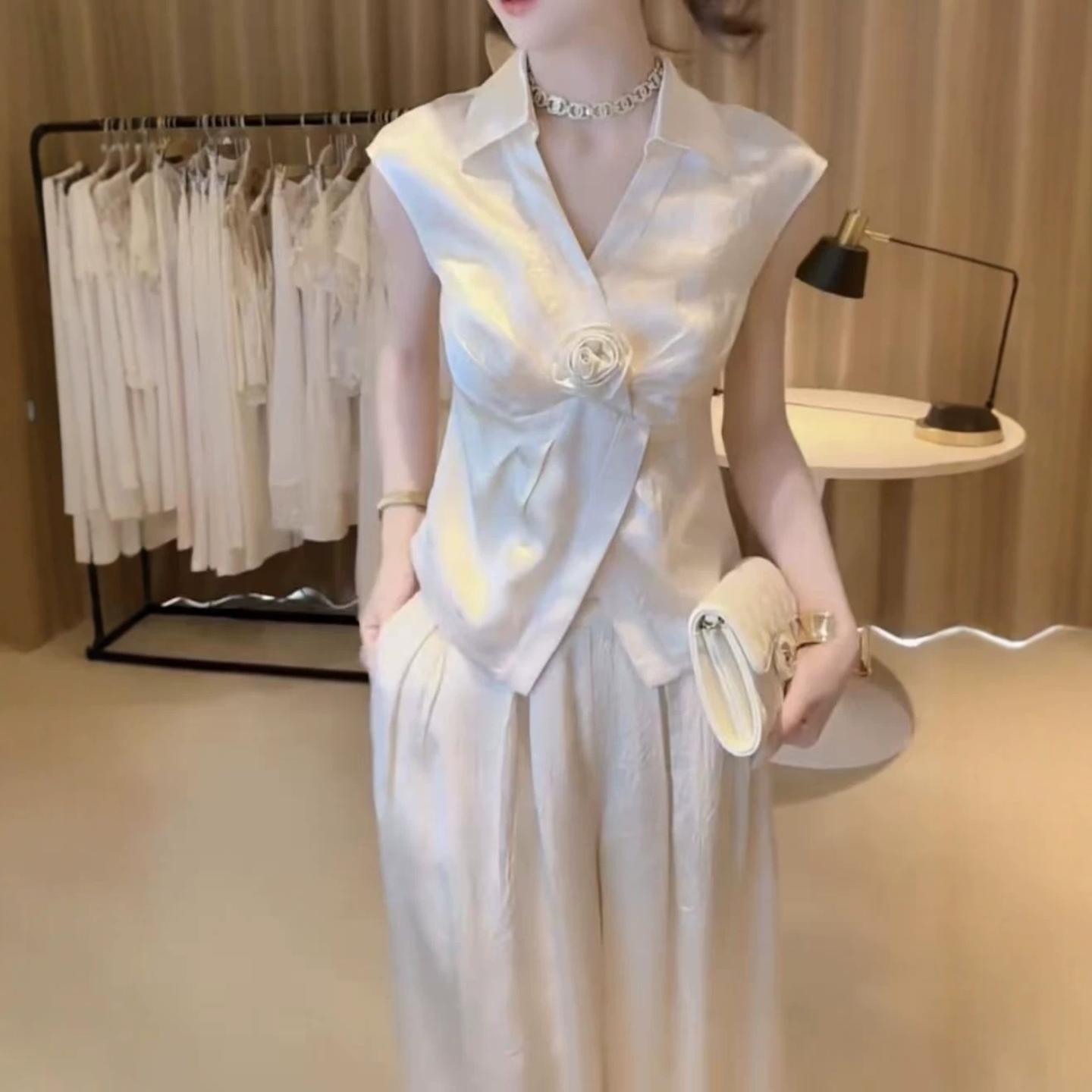 缎面立体花朵上衣阔腿裤套装女