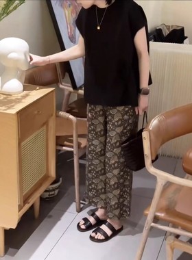 25231大爱美依缘2025夏季新款纯色宽松短袖T恤印花九分裤洋气