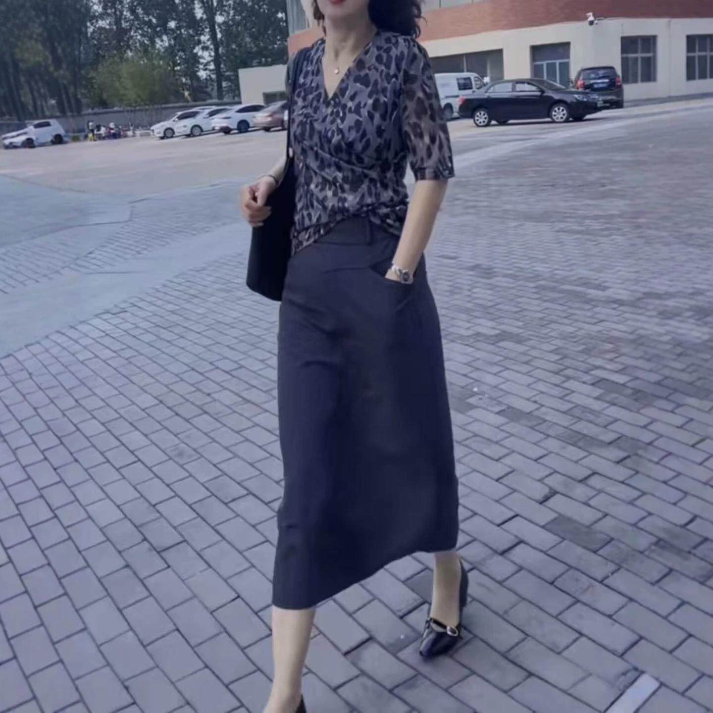 洋气高腰上衣阔腿裤两件套女