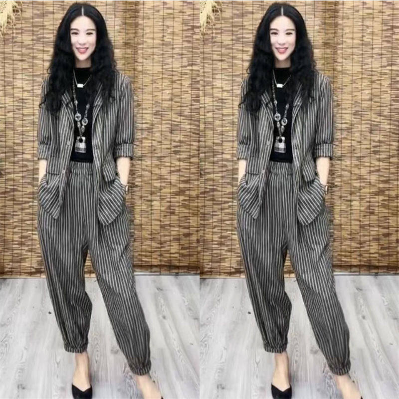 条纹套装女宽松西装外套休闲裤复古时尚两件套大码女装2025年春季