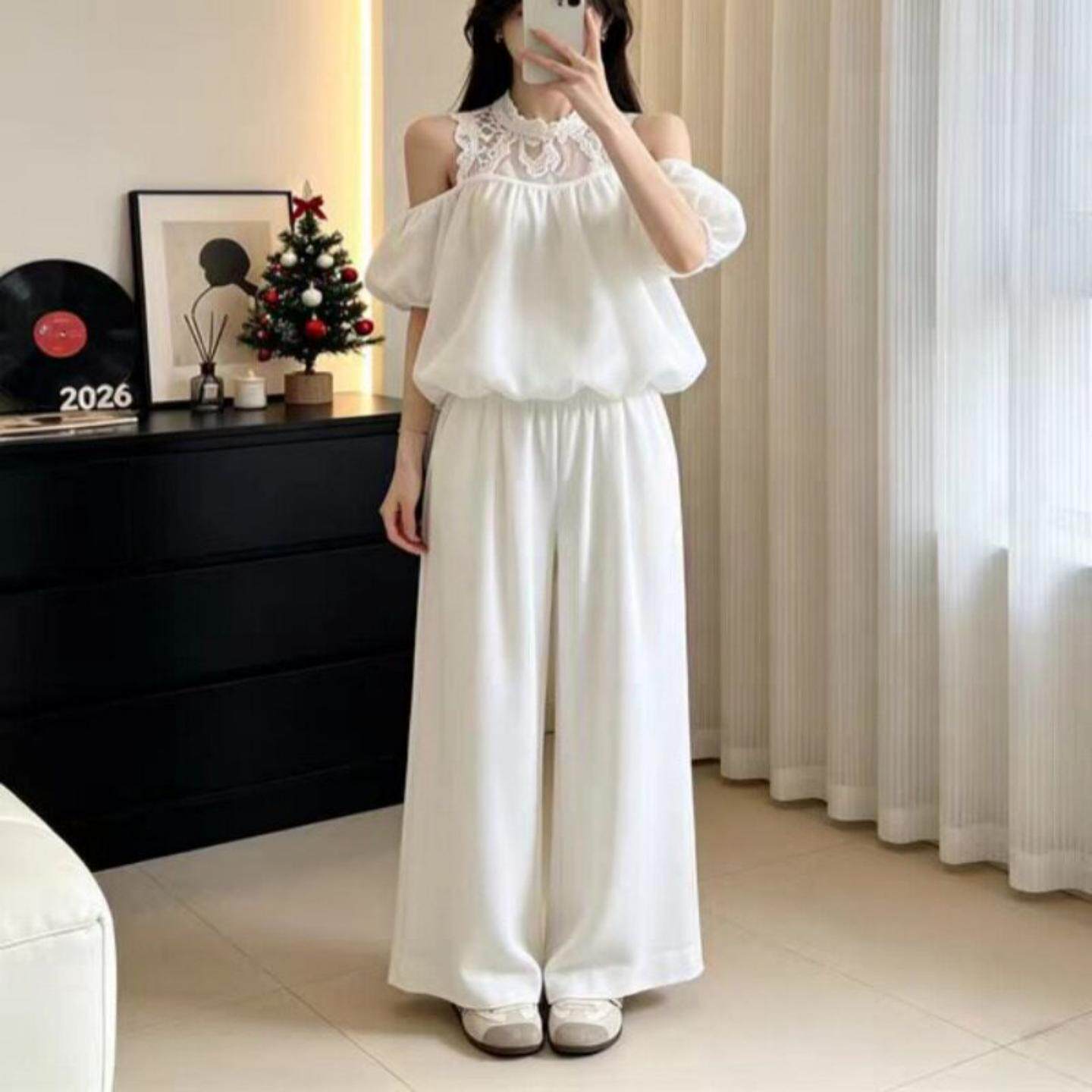 网纱露肩上衣阔腿裤两件套