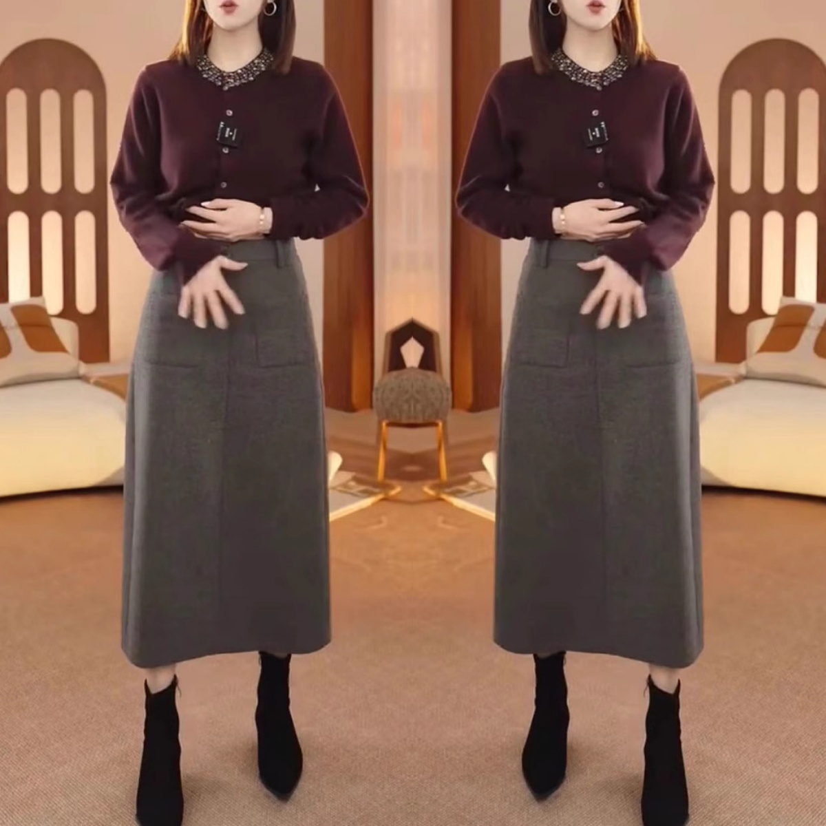 2025秋季大码女装胖mm紫红色上衣半身裙两件套微胖妹妹显瘦套装潮