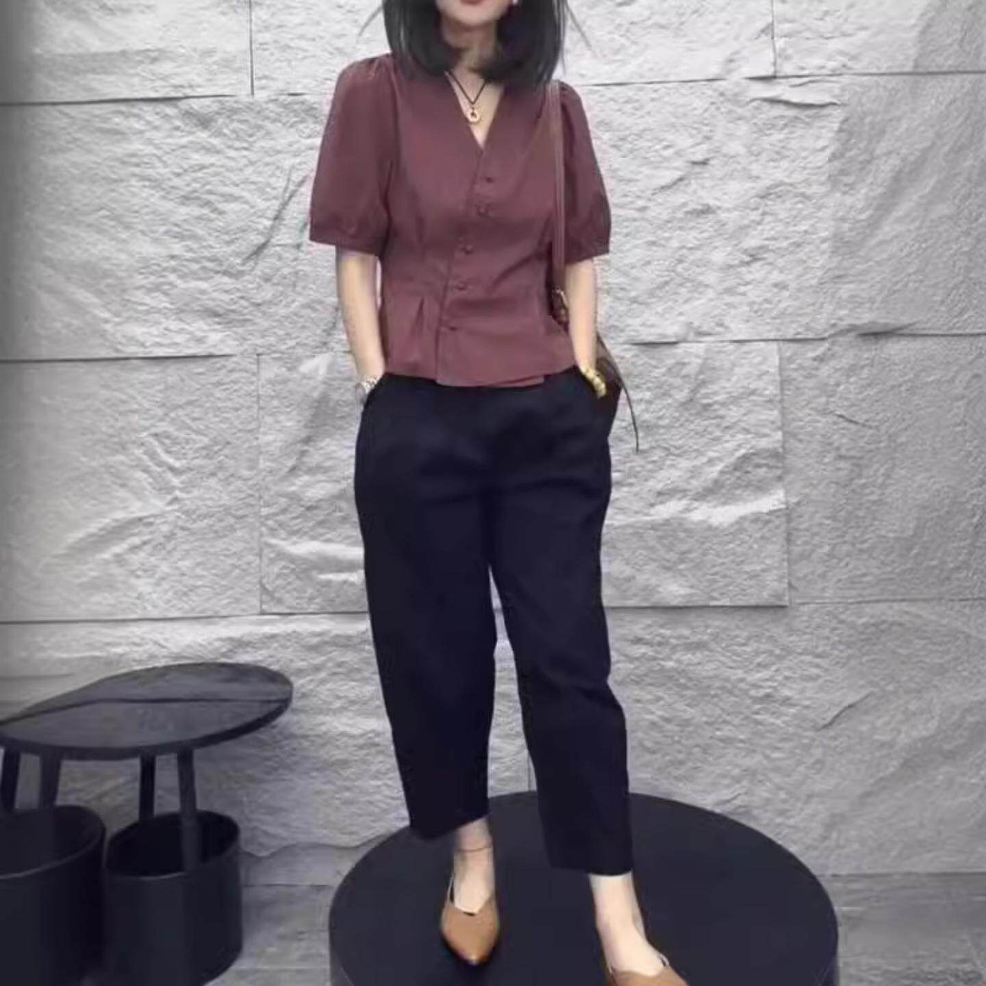 夏季新款微胖MM冷淡风盐系轻熟上衣休闲裤子梨型身材穿搭两件套装