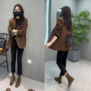 欧货气质西装外套女秋冬设计感格纹V领夹棉西服宽松显瘦行政夹克