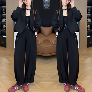 套装春秋款女2025时尚流行百搭新款黑色长袖外套高腰休闲裤两件套