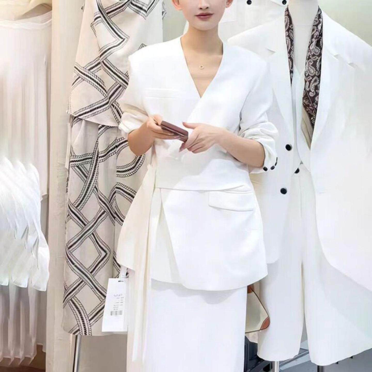 高级感白色亚麻西装套装女2026新款V领收腰西服外套半身裙两件套