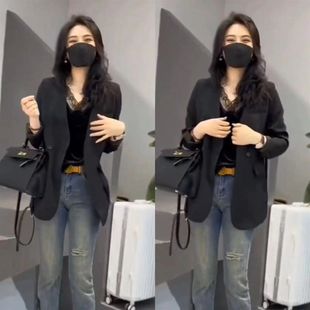 2025新款女士韩版休闲西服外套牛仔小脚显瘦九分裤洋气两件套时尚