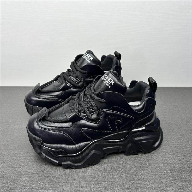 品牌撤柜断码处理真皮老爹鞋女春季小个子厚底增高黑色休闲运动鞋