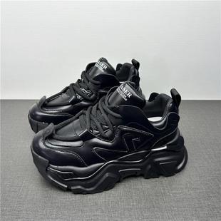 品牌撤柜断码处理真皮老爹鞋女春季小个子厚底增高黑色休闲运动鞋