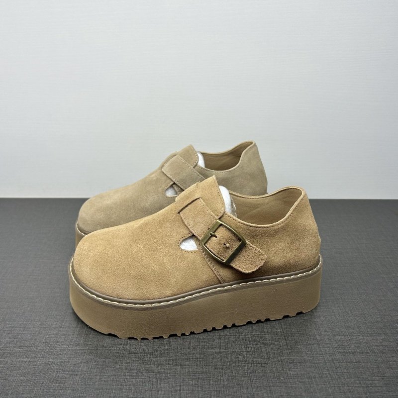 专柜撤柜真皮女鞋韩式圆头一脚蹬松糕厚底勃肯鞋女皮带扣全包单鞋