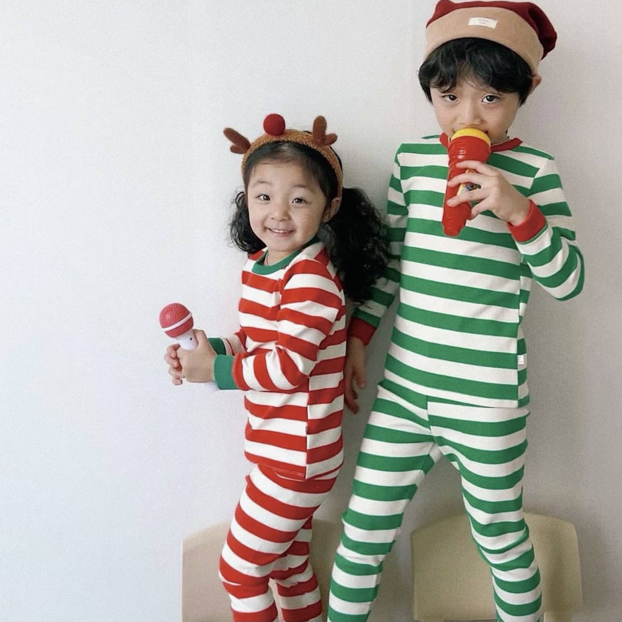 hi peekaboo韩国儿童圣诞条纹长袖套装婴儿宝宝秋冬家睡衣居服ins