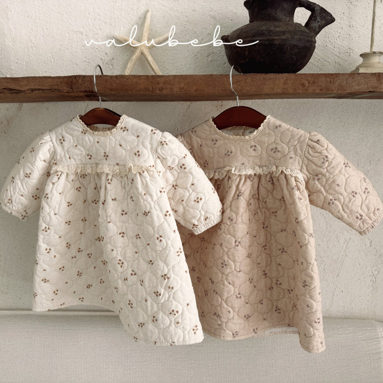 韩国童装代购VALU BEBE冬女婴童宝宝碎花蕾丝花边夹棉公主连衣裙