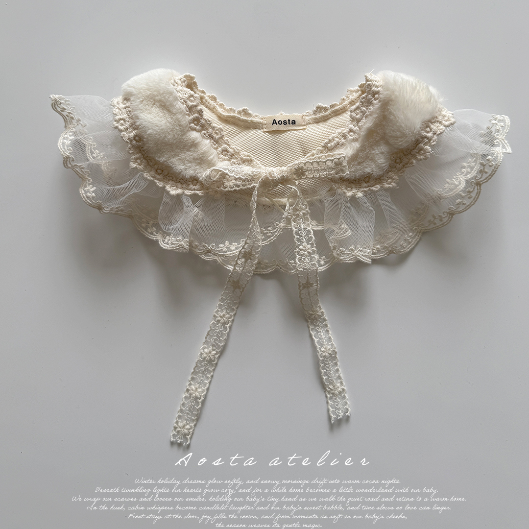 韩国进口代购aosta女婴小童宝宝洋气刺绣蕾丝菲边毛绒假领子配饰