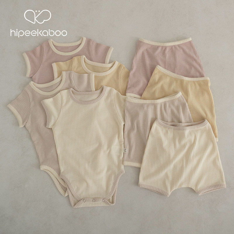 hipeekaboo罗纹Cooton candy棉花糖色系短袖包屁衣短裤发带套装