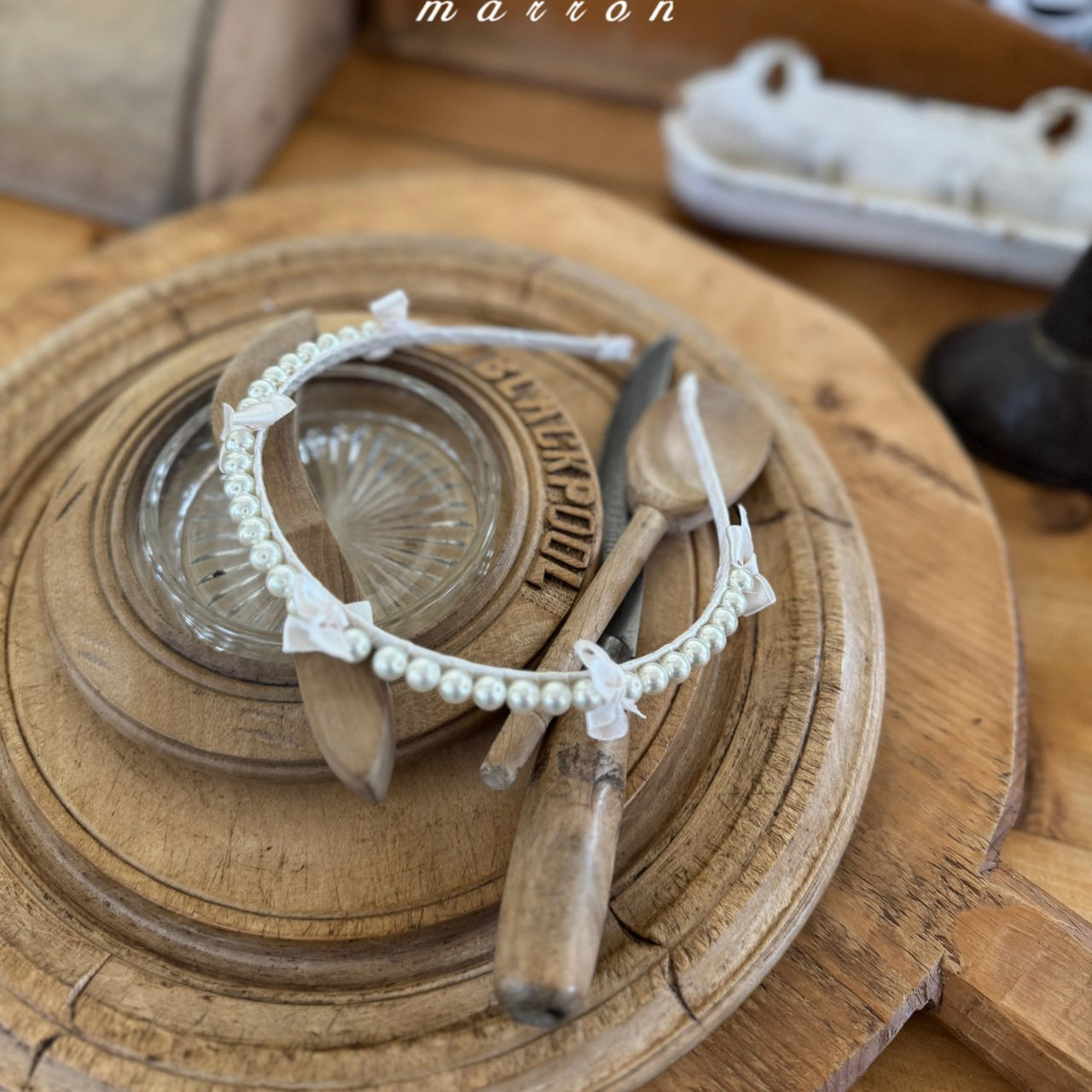 韩国童装代购MARRON冬女婴小童宝宝甜美珍珠蝴蝶结发箍配饰品发饰