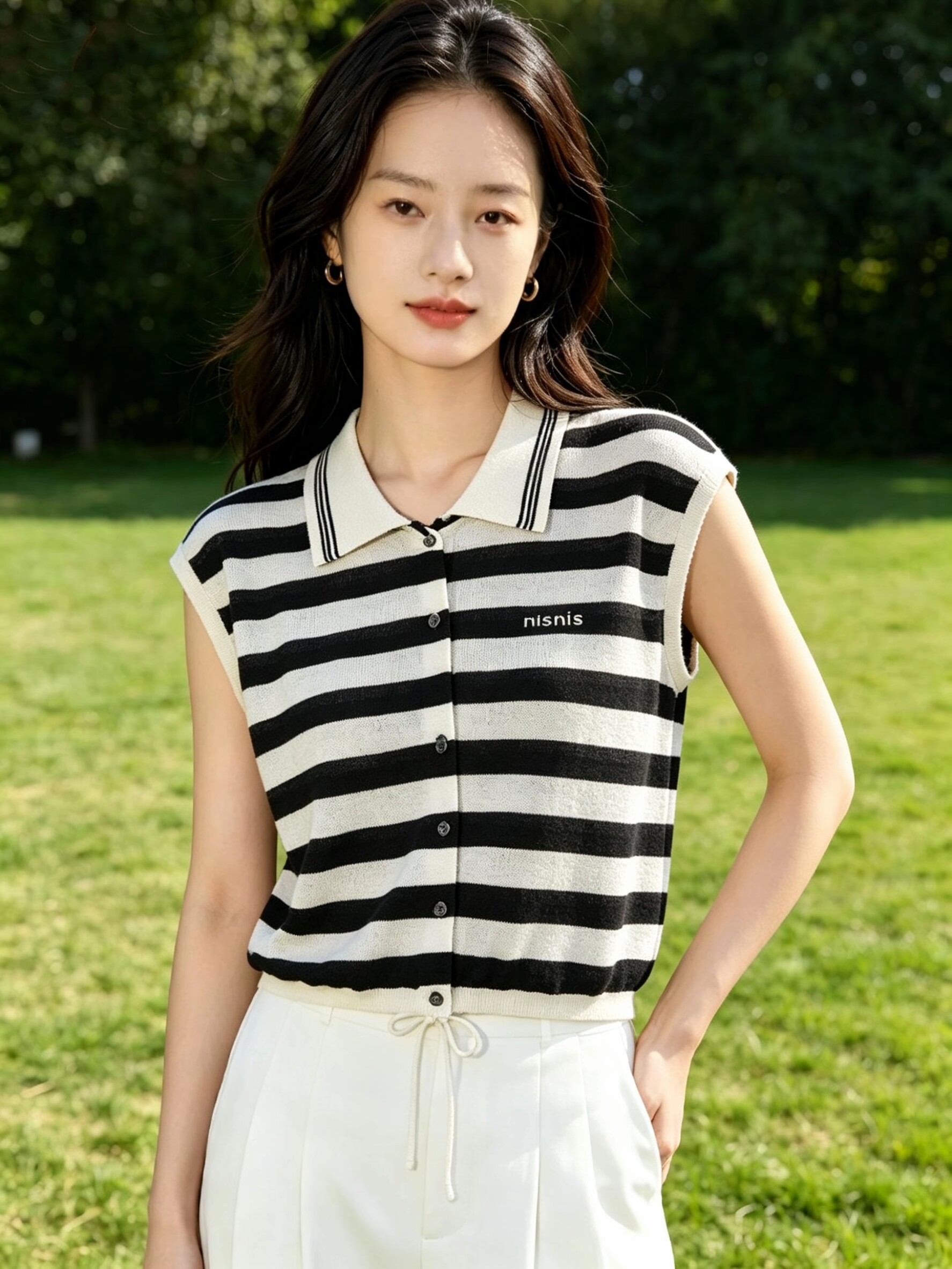 黑白条Polo领无袖针织开衫女夏季薄款冰丝透气短款抽绳收腰背心
