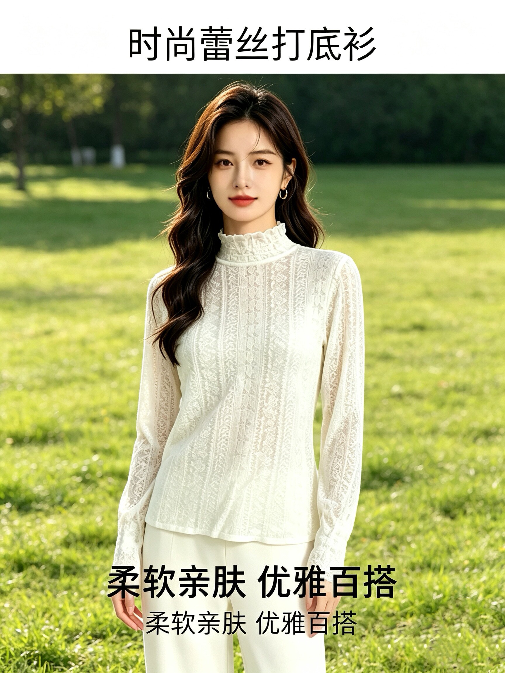 半高领蕾丝木耳边显瘦针织打底