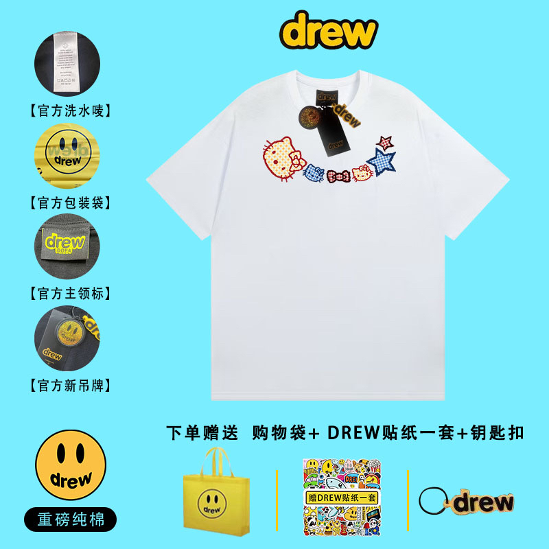 DREW dopa高街HelloKitty项链纯棉短袖T恤小众复古重磅半袖上衣