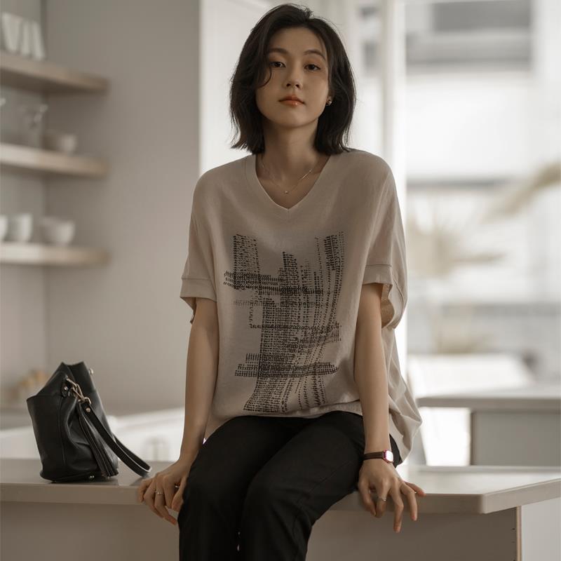 无谓韩式文艺2024夏新款女装宽松休闲茧型天丝亚麻印花T恤女上衣