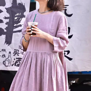 春夏100%亚麻A字连衣裙文艺海边度假紫粉黄色清新新中式国风长裙