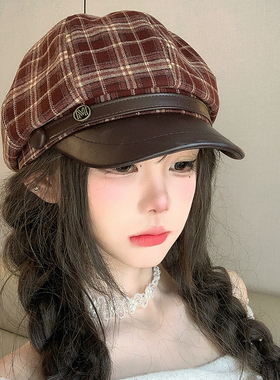 秋冬复古格纹显脸小鸭舌报童帽