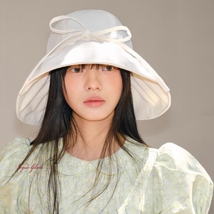 VOGUEGLAM奶油泡芙大檐渔夫帽棉麻夏季 防晒薄遮阳帽女显脸小百搭