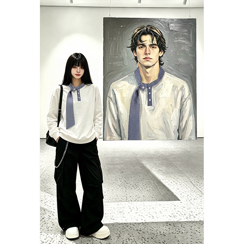 老钱风小众设计感条纹领带拼接套头卫衣男装秋季潮流情侣T恤上衣
