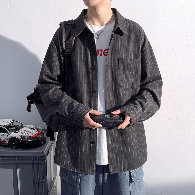 安初七秋季复古潮牌竖条纹长袖衬衫男士宽松情侣百搭大码衬衣外套