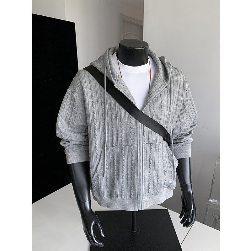 美式重磅灰色大码卫衣外套男春季新款宽松连帽拉链开衫肌理感上衣