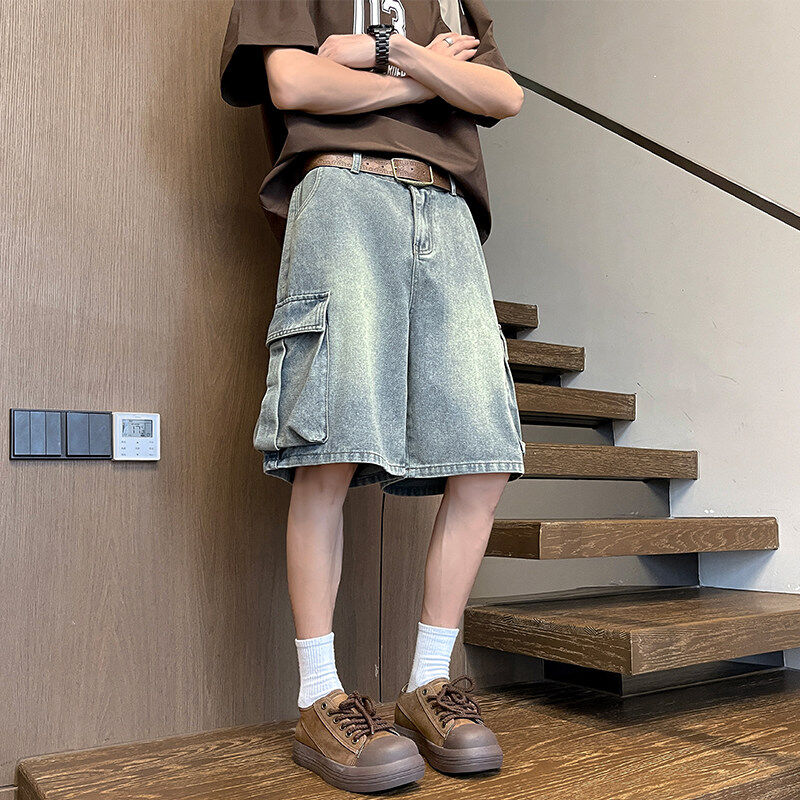 工装牛仔短裤男夏美式高街大码中裤水洗痞帅大口袋宽松休闲五分裤