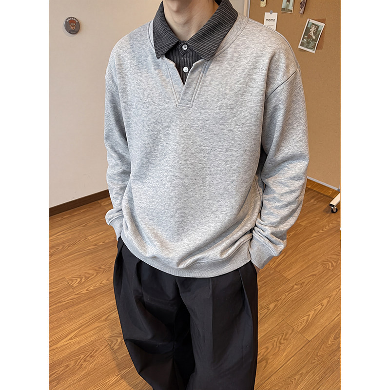 老钱风假两件条纹衬衫领宽松套头卫衣男士秋季潮流时尚通勤Polo衫