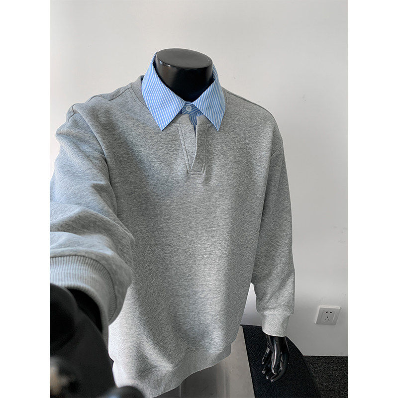 衬衫领拼接假两件美式套头卫衣男款秋冬季内搭长袖t恤正肩上衣潮