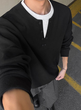 潮牌假两件大码卫衣男秋季设计感长袖T恤老钱风宽松休闲情侣上衣