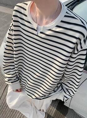 黑白条纹假两件亨利领情侣套头卫衣男款秋冬韩系高级感打底衫上衣