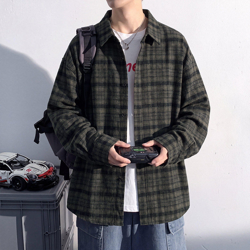 安初七格子翻领衬衫男士春秋季美式格纹长袖衬衣宽松休闲大码外套