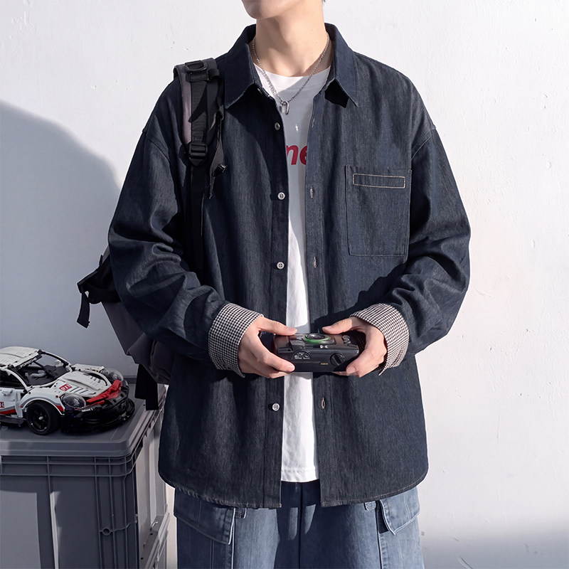 老钱风日系格子拼接仿牛仔休闲衬衣男款秋季潮流宽松大码衬衫外套