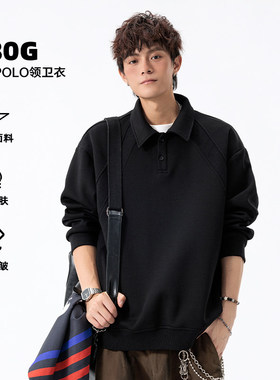美式曼巴棉POLO领卫衣男款秋季简约百搭翻领宽松休闲长袖t恤上衣