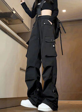 美式休闲裤子男款秋季黑色多口袋工装裤机能宽松直筒褶皱大码长裤