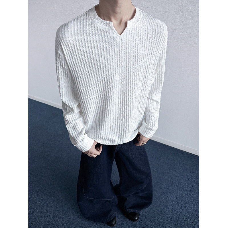肌理感V领长袖T恤男款秋冬潮牌宽松上衣痞帅高级感白色内搭打底衫